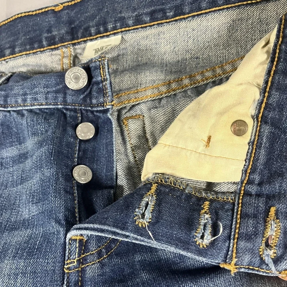 Levis 501 Jeans Mens 30x29 Blue Denim Button Fly Straight Leg Distressed Red Tab